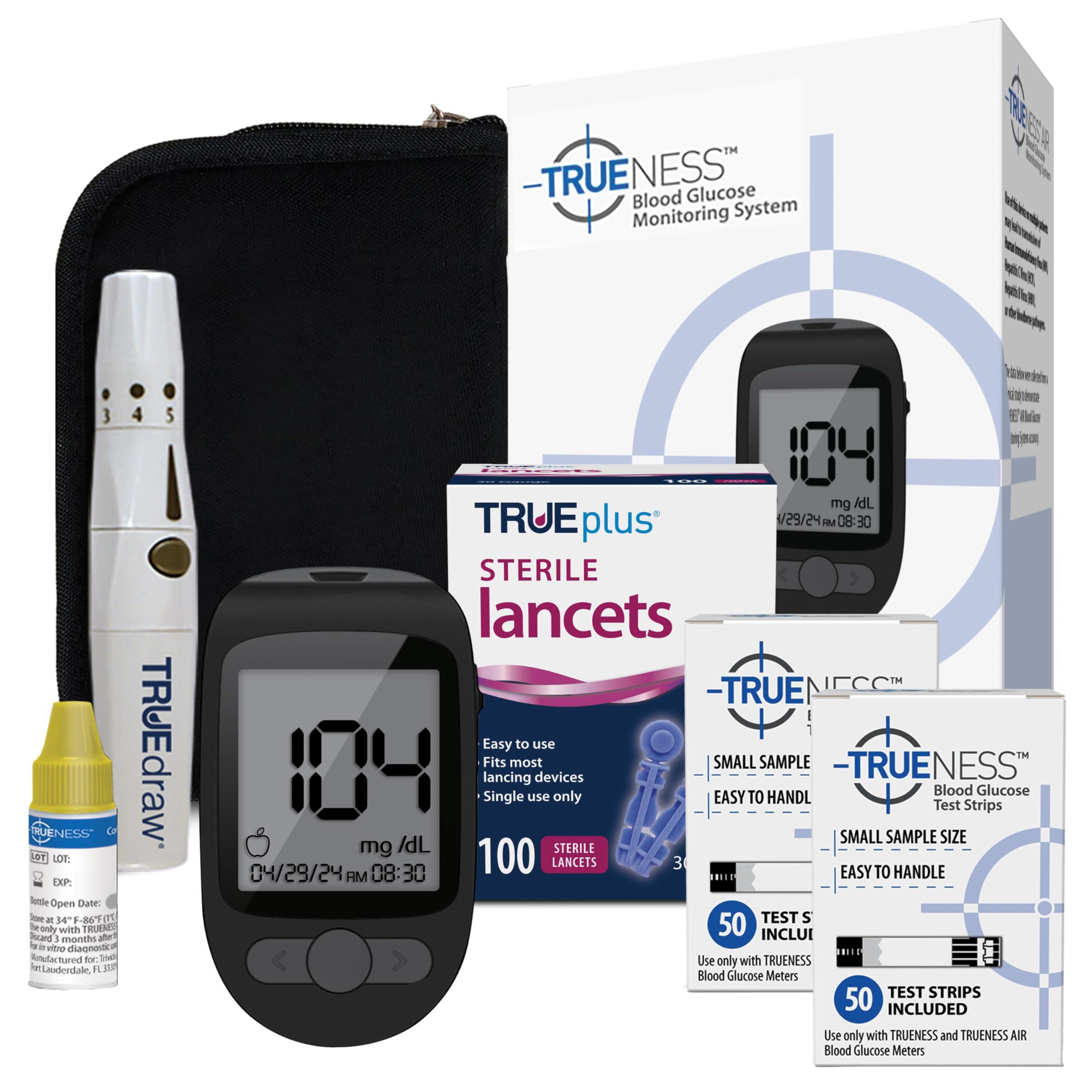 TRUENESS Blood Glucose Meter Kit with Testing Supplies - Includes Blood Glucose Monitor, Case, 100 Test Strips, 100 Lancets, Lancing Device - Fast, Easy Testing Supplies for Home Use