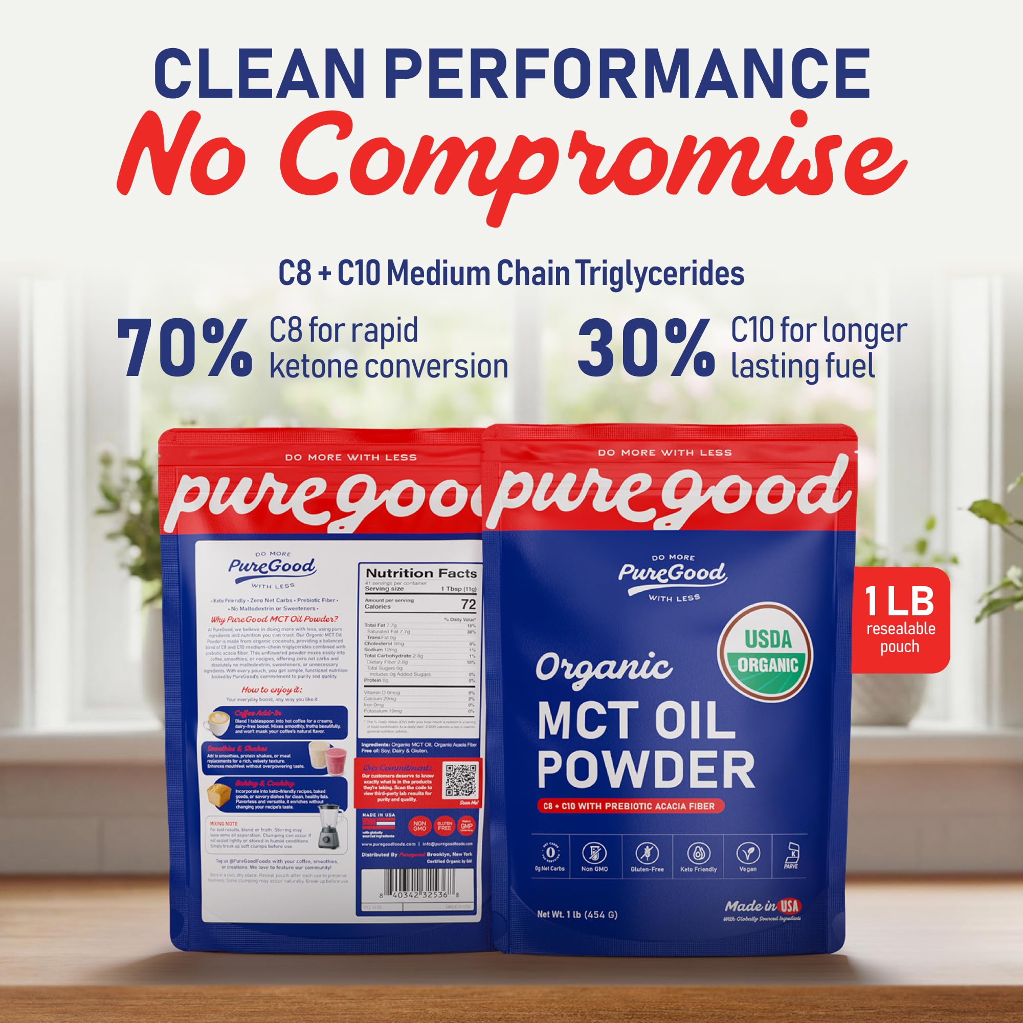 PureGood Organic MCT Oil Powder with Prebiotic Fiber, 1 Pound (16 oz) | C8 & C10 from Coconuts | MCT Oil Coffee Creamer, Unflavored | Non-GMO, Vegan, Kosher, Gluten Free
