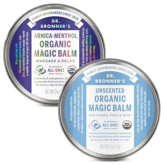 Dr. Bronner's - Organic Magic Balm (2 oz Variety Pack) Arnica-Menthol & Baby Unscented - Made with Organic Beeswax & Hemp Oil, Moisturizes and Soothes Hands, Face & Body | 2 Count