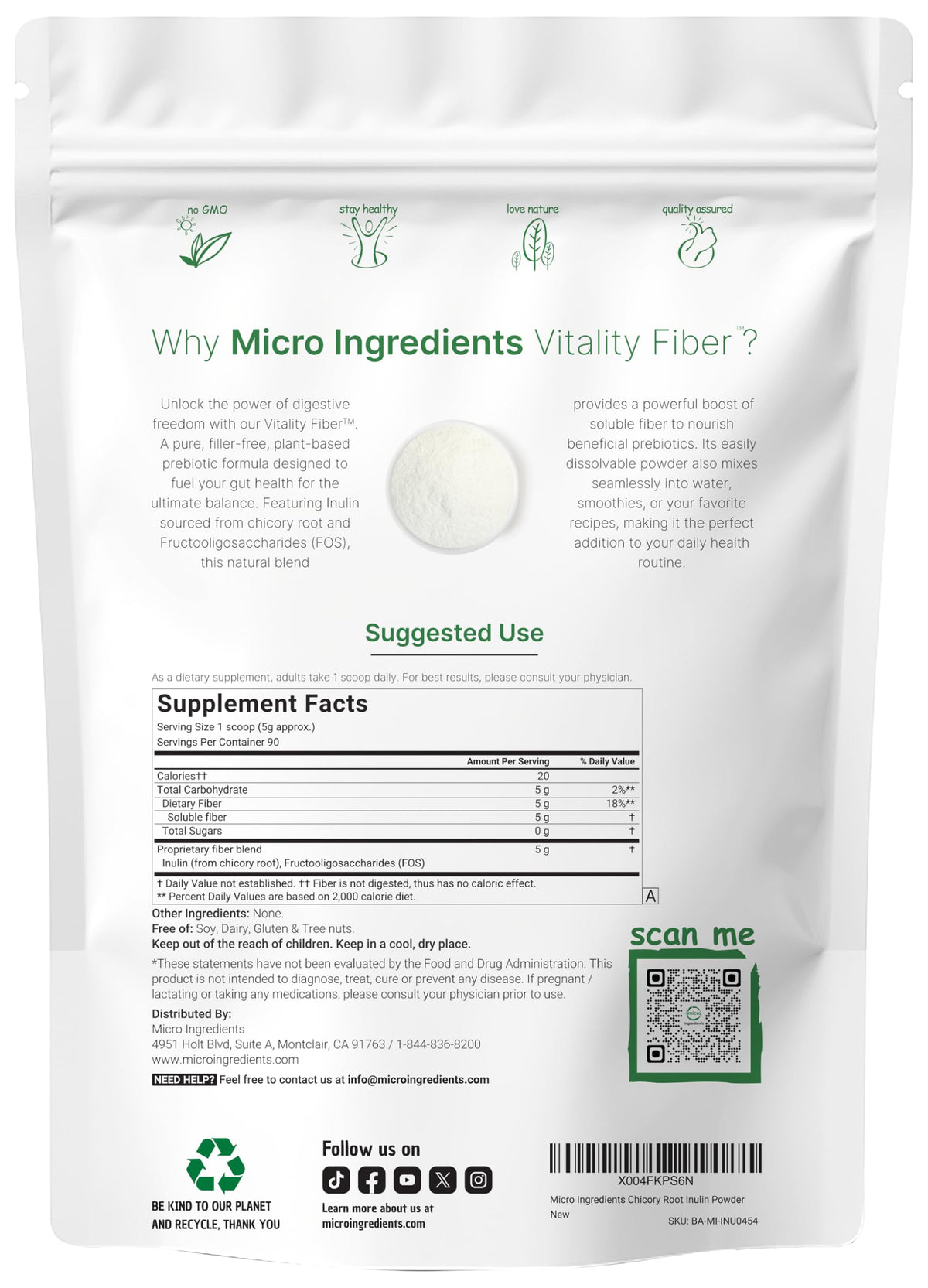 Micro Ingredients Vitality Prebiotic Fiber Powder, 1lb | Easy Mix Powder for Digestive & Gut Health | Daily Prebiotic Soluble Fiber Supplement for Women and Men | Unflavored, Sugar Free & Vegan