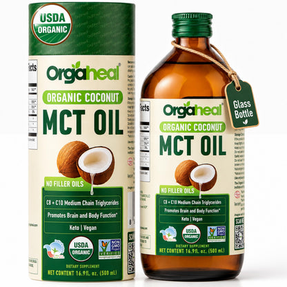 Orgaheal Organic MCT Oil from Pure Coconut with C8 & C10 | Glass Bottle | 16.9 fl oz (500 ml) | Rapid Keto | Brain & Body Fuel | USDA Organic Certified | Vegan, No Fillers