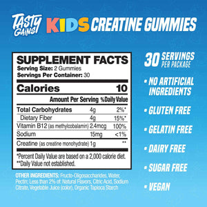 TASTY GAINS Kids & Teen Creatine Gummies with Vitamin B12 for Growth Support, Easy Chew Daily Supplement, Gummy Vitamins for Kids and Teens, Ages 5+