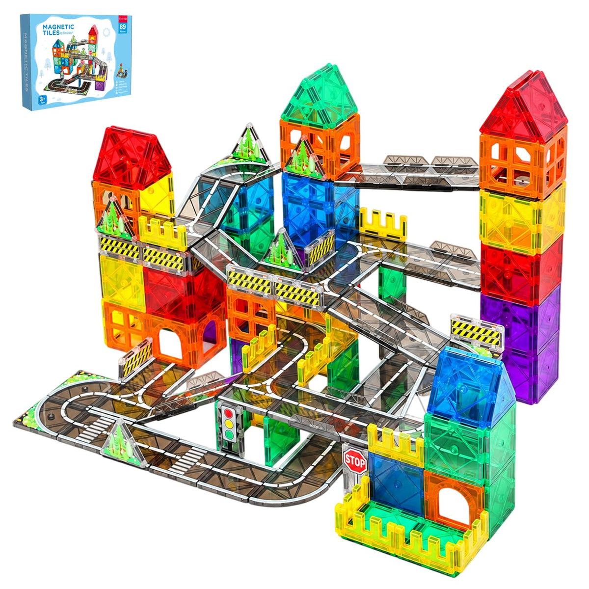 Sylvran Magnetic Tiles Road Set, 89 PCS Magnetic Building Blocks with Roads, Bridges & Ramps, STEM City Building Toys for Kids Ages 3-8, Educational Construction Magnet Toys, Gifts for Boys Girls