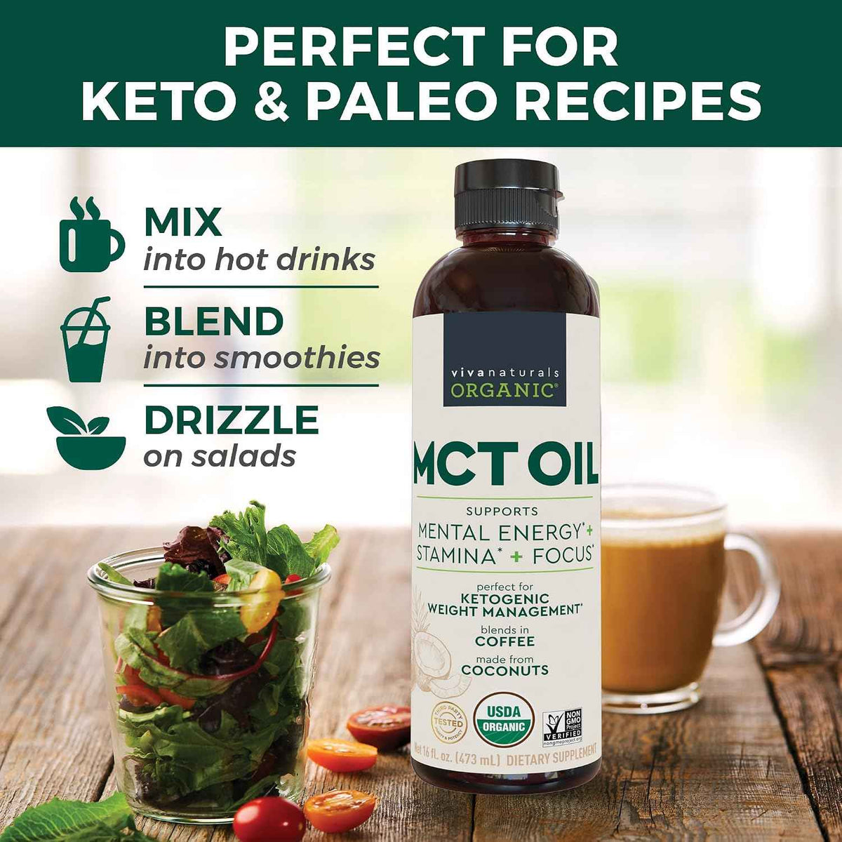 Viva Naturals Organic MCT Oil, 16 fl oz - MCT Oil for Coffee, USDA Organic, Non-GMO, Paleo Certified & Keto Friendly, Supports Energy & Mental Clarity