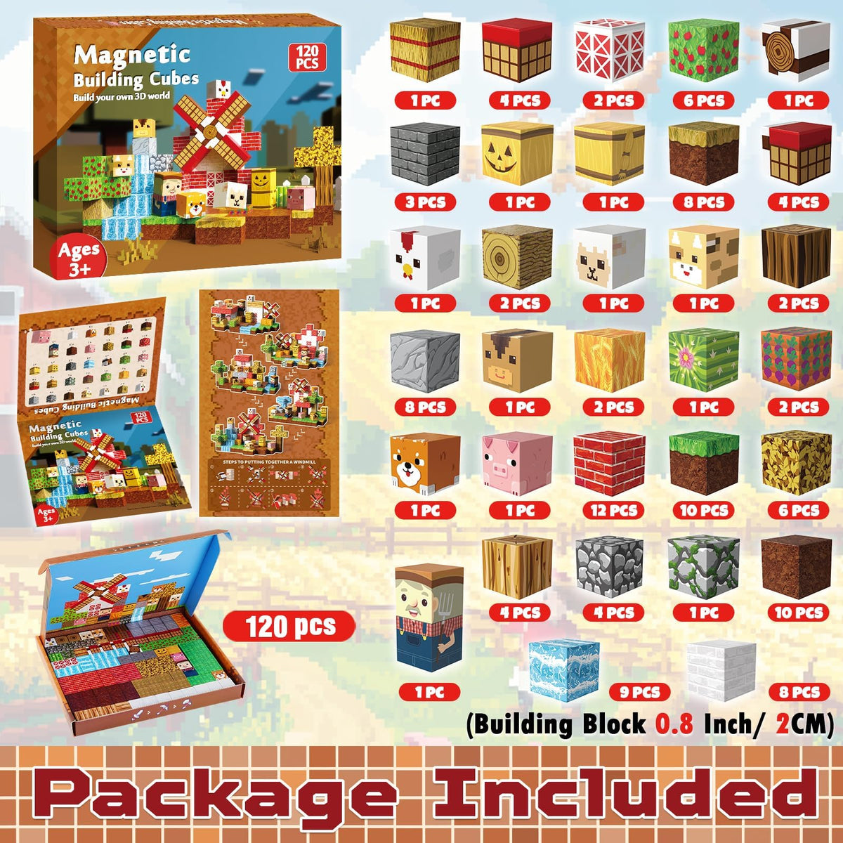 GraceDuck 120 PCS Magnetic Blocks - Magnetic Building Blocks, Magnetic Farm Animal Homes Stacking Magnets for Kids, STEM Montessori Sensory Toys for Kids 3+ Boys and Girls Christmas Birthday Gifts