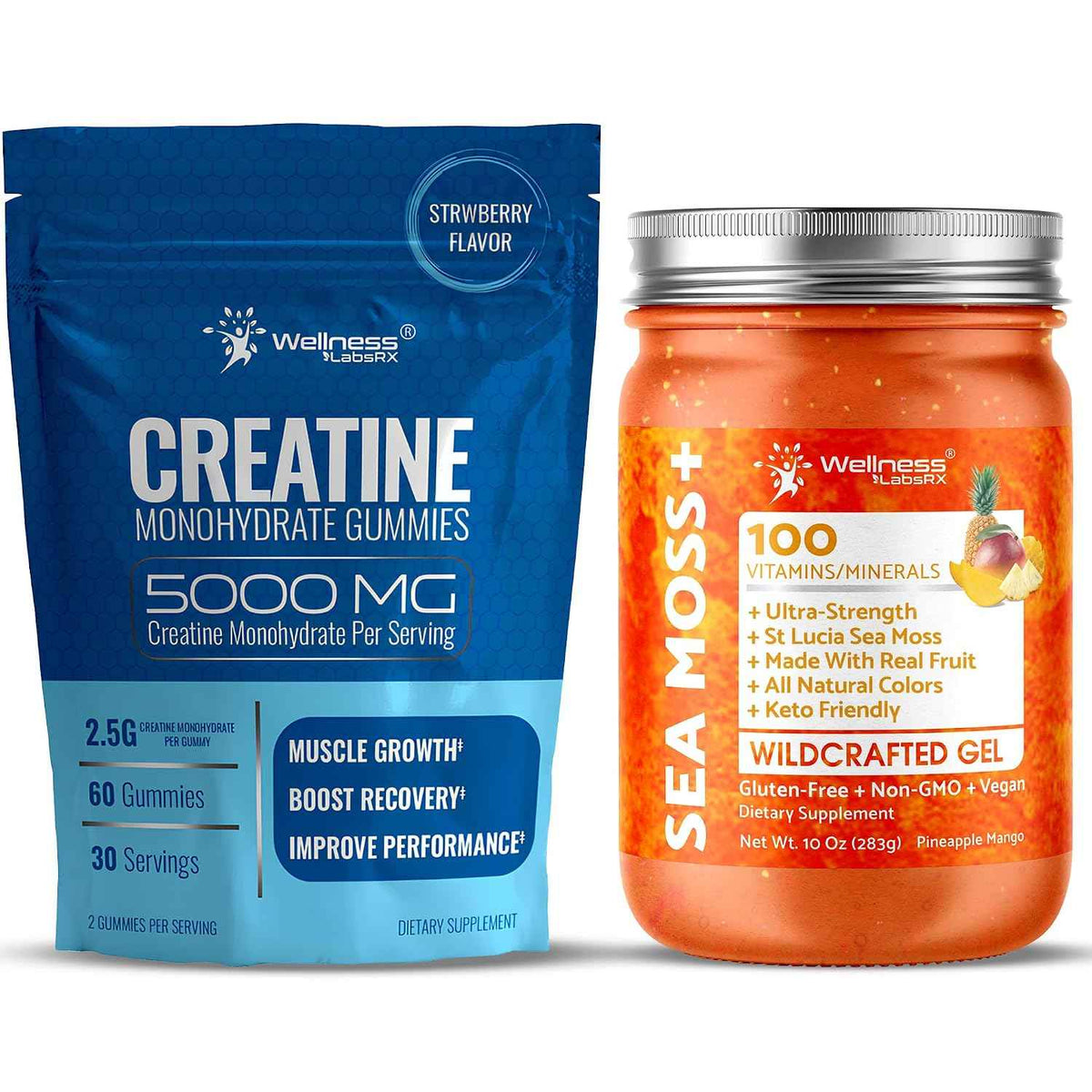 WELLNESS LABSRX Irish Sea Moss Gel Pineapple Mango Flavor - Creatine Gummies 5000mg - Bundle