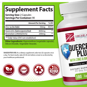 Highland Health Foods Quercetin Plus Bromelain and Zinc 180 Capsules - Immune Support Supplement for Adults, Teens, Seniors - Quercetin with Bromelain for Immune Support Highland Health FoodsBuy Supplements Australia
