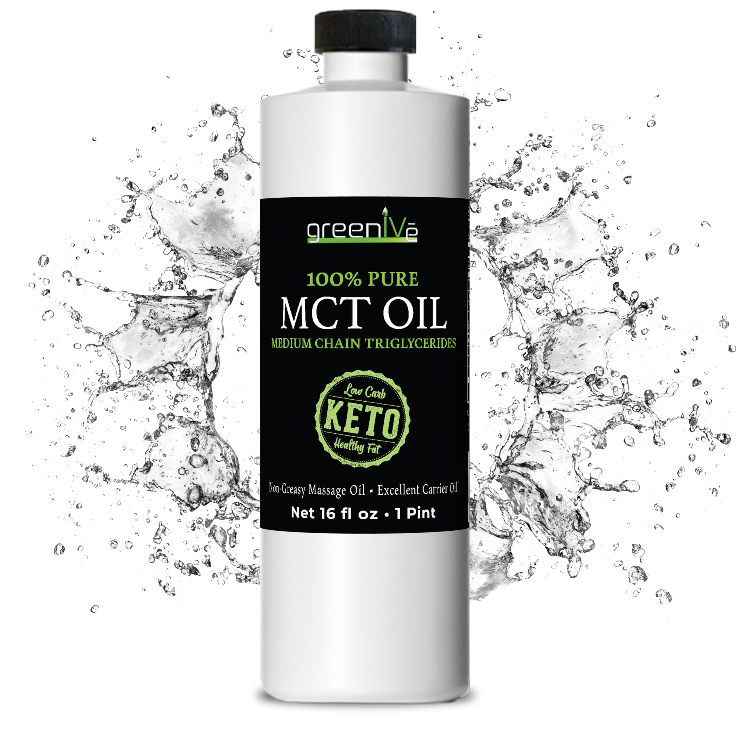 GreenIVe MCT Oil 100% Pure C8 C10 Caprylic Capric Acid Non-GMO Keto Paleo Bulletproof Coffee Creamer Energy Fuel Carrier Oil Skin Hair Massage Oil Fractionated Coconut Oil Alternative 16 fl oz