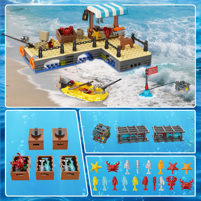 City Fishing Boat Wharf Building Set - Floatable Sea Fishing Ship Building Block Kit with Speedboat Crane Containers Exploration Boats Toy Birthday Gift for Kids Boys Girls 6 7 8 9 10+, 762PCS