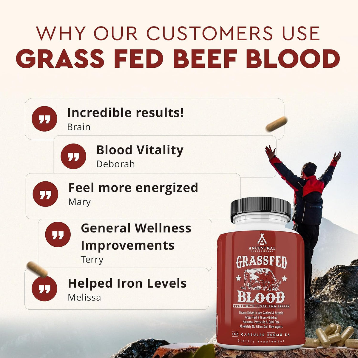 Ancestral Supplements Blood Health Supplement, Organ Formula, 500mg, 180 Ct - Beef blood, spleen and liver supplement supports red and white blood cell formation, immune health and heart health together.