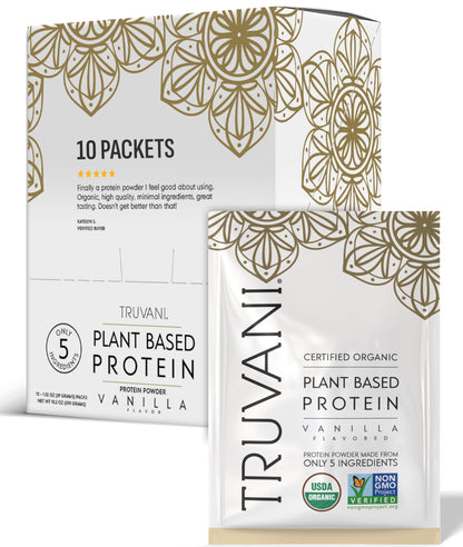 Truvani Organic Plant Based Protein Powder - Strawberry - 10 Servings - Vegan - 20g Pea Protein - Single Serving Travel Packets - Keto - Gluten & Dairy Free - Low Carb