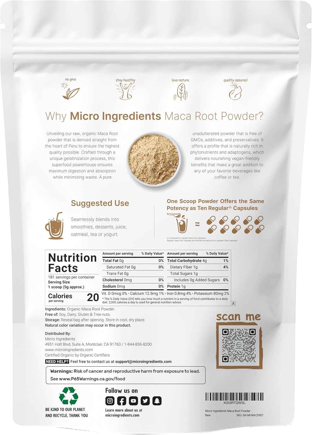 Micro Ingredients Organic Maca Root Powder, 2 Pound, Gelatinized for Better Absorption, Rich in Antioxidants, No GMOs, Vegan Friendly and Peru Origin
