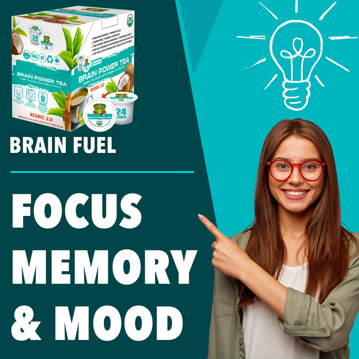 SOLLO Brain Power Organic Green Tea Pods with MCT, Acai & Essential nutrition, Nootropic Brain Booster- Improves Memory & Focus Compatible with 2.0 K-Cup Keurig Brewers, 24 Ct