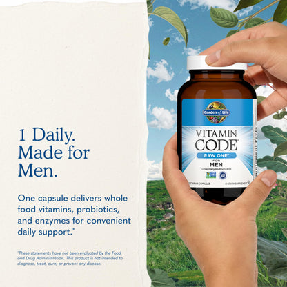 Garden of Life Vitamin Code RAW ONE for Men Once Daily Whole Food Multivitamin with Probiotics for Heart Health and Prostate Health, Non-GMO, 75 Capsules