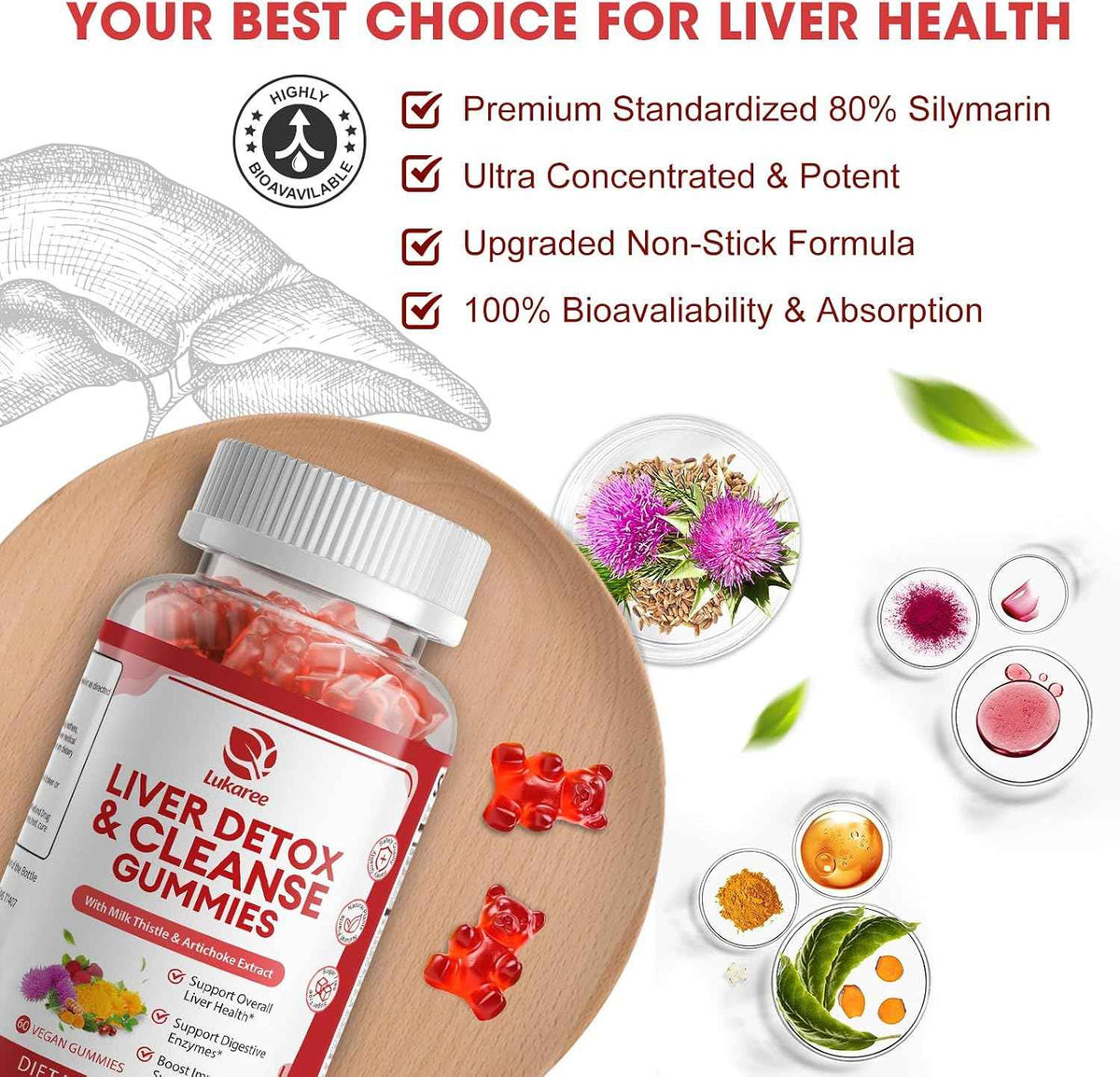 2 Pack Lukaree Liver Cleanse Detox & Repair Gummies w/Artichok & Dandelion - Sugar-Free Milk Thistle Supplement for Digestion & Immunity - Herbal Liver Health Supplement for Men & Women- Vegan, 60 Count