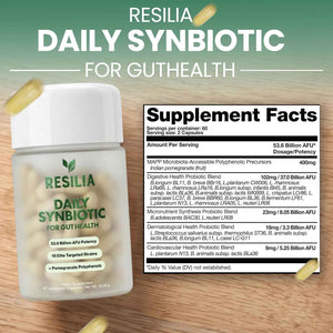 Resilia Synbiotic Probiotic + Prebiotic Supplement for Women & Men - 53.6 Billion AFU, 18 Strains, Shelf-Stable Capsules with Polyphenols, Digestive & Gut Balance Support, 60 Capsules