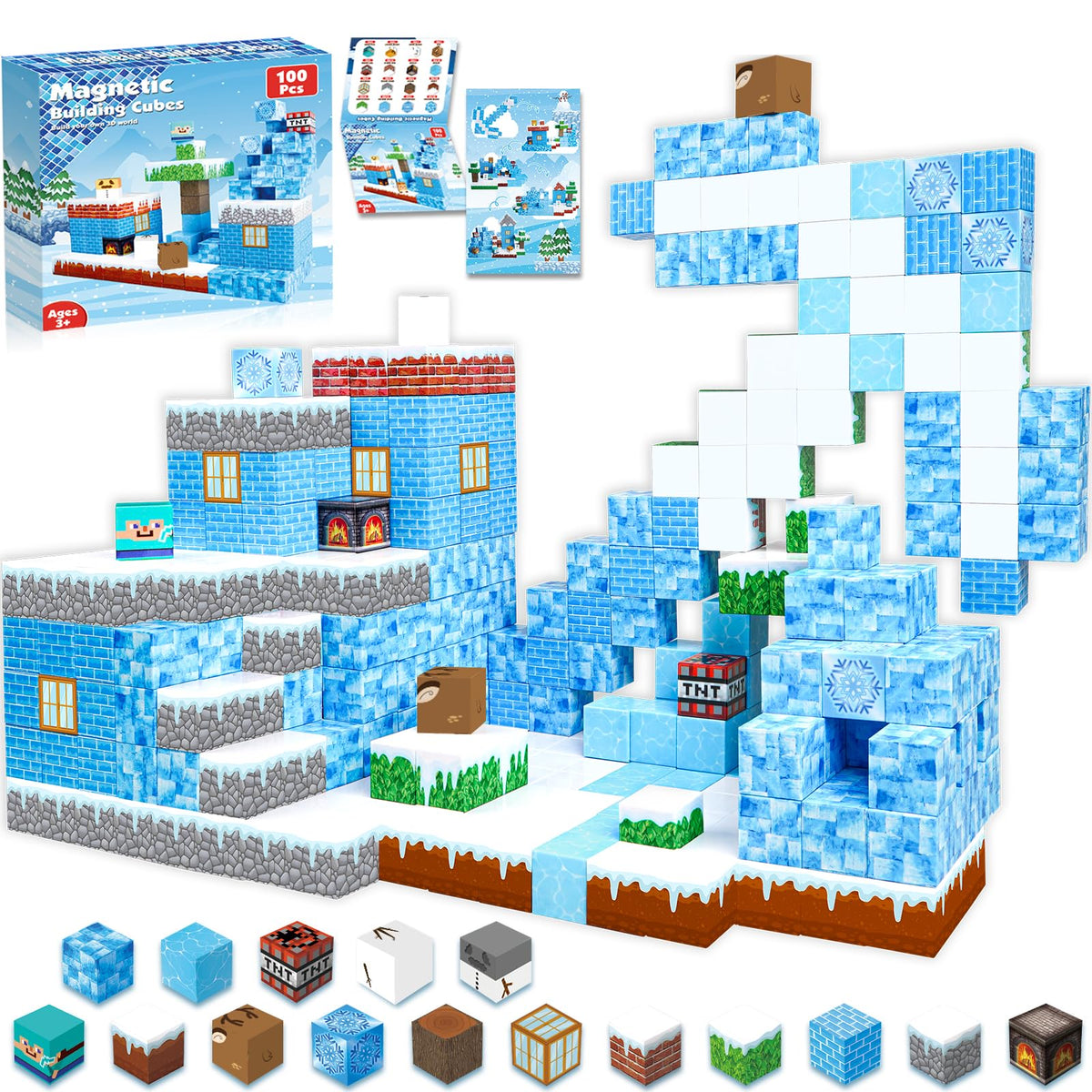 ToyUnited Magnetic Blocks - 100PCS Magnetic Building Blocks Glacier Castle, STEM Montessori Sensory Toys for Toddlers Kids Boys Girls Ages 3 4 5 6 7 8 9 10+ Holiday Birthday Gifts
