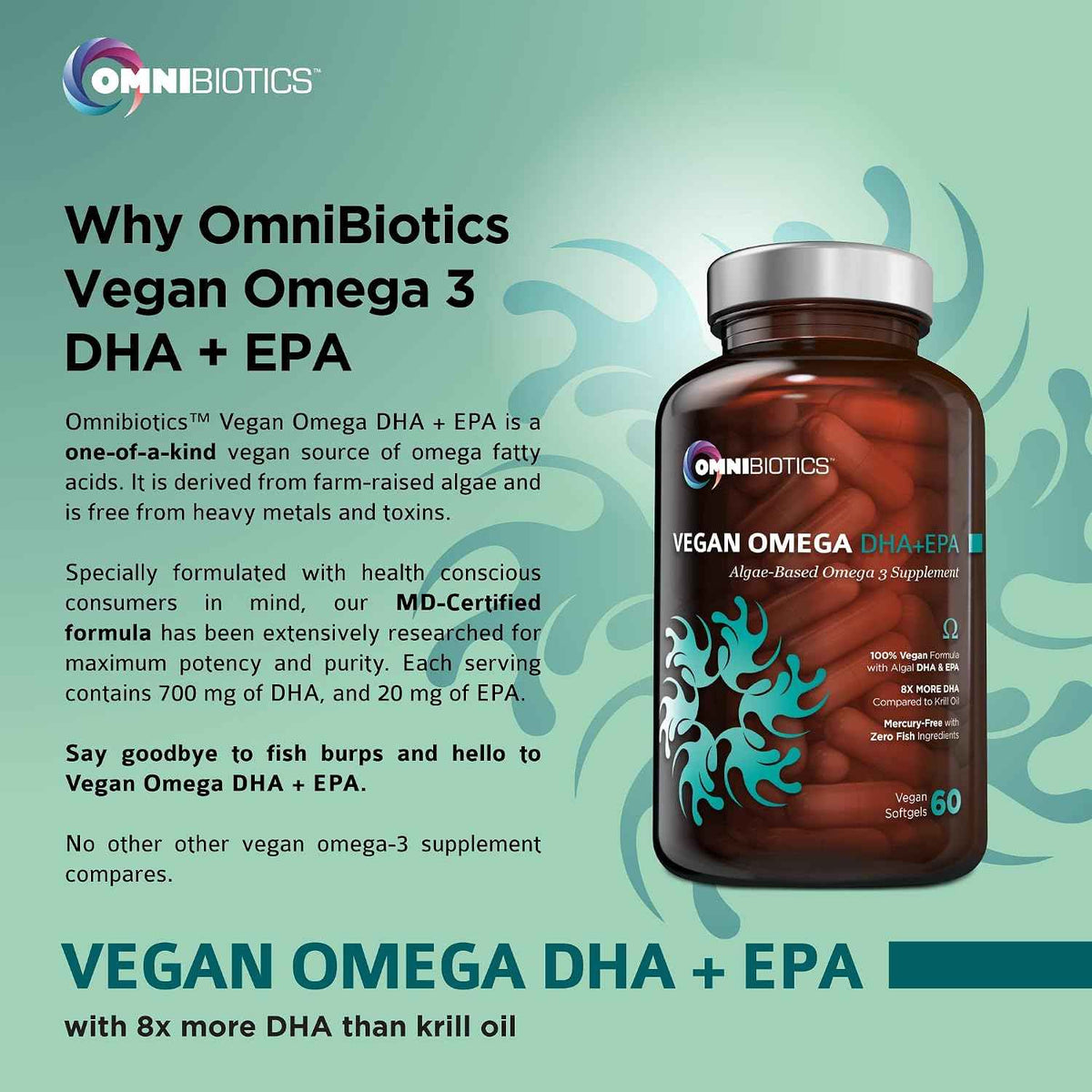 OmniBiotics Vegan Omega 3 DHA EPA Supplement - MD-Certified Prenatal Supplement with 8X More DHA Than Krill Oil, Fish-Free, Non-GMO - 60 Vegan Capsules