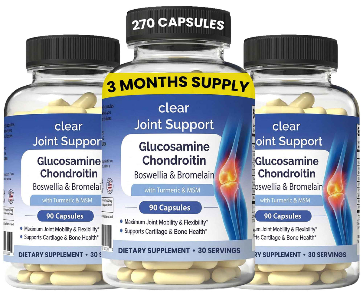 Clear Joint Support - 3-Month Supply - 3-Pack (270 Capsules) - Glucosamine Chondroitin MSM, Turmeric & Boswellia - Supports Knee, Hip & Back Health - Made in USA