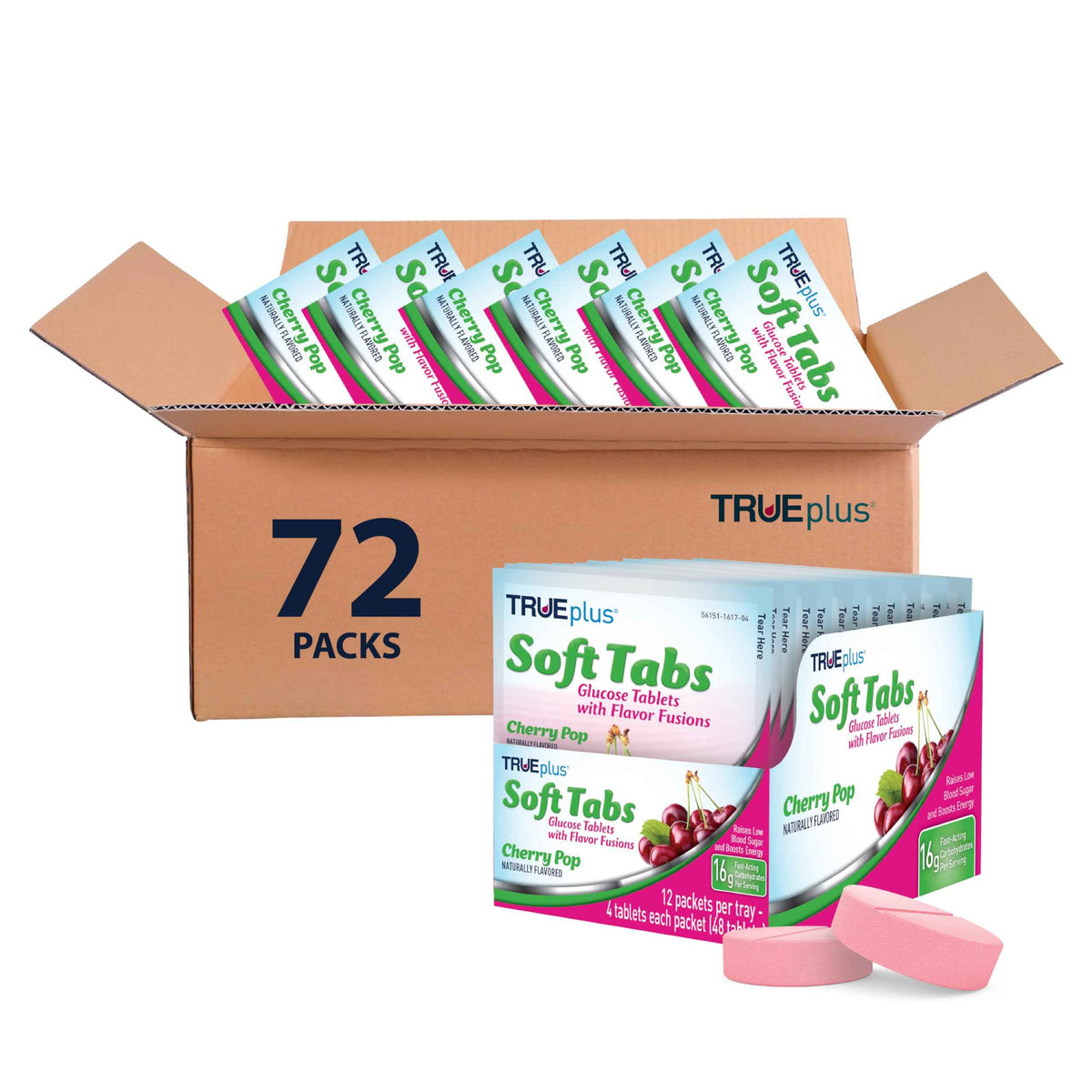 TRUEplus Soft Tabs Glucose Tablets, Cherry Pop Flavor, 4 Count, 12 Packs - Chewable Tablets, 16g Fast-Acting Carbohydrates, Fat Free, Gluten Free, Boosts Energy, Great Tasting and Easy to Use