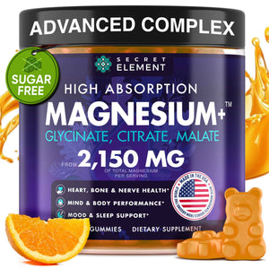 Secret Element Magnesium Glycinate 2150MG Gummies for Women and Men, High Absorption Magnesium Glycinate, Citrate, Malate Gummies for Adults & Kids, Sleep Support, Sugar Free, Vegan, 60 Chews, Orange