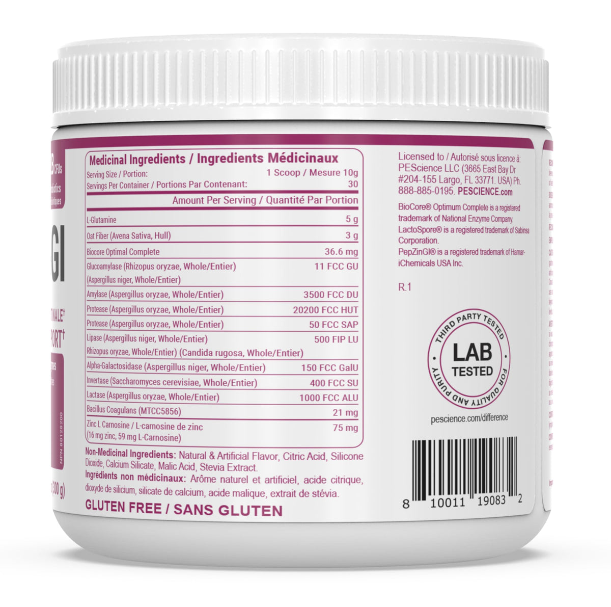 PEScience Complete-GI Gut Health Powder, Probiotics for Women and Men, Digestive Enzymes, Prebiotic Fiber, L Glutamine, Pepzin GI Zinc Carnosine - Raspberry Flavor, 30 Servings