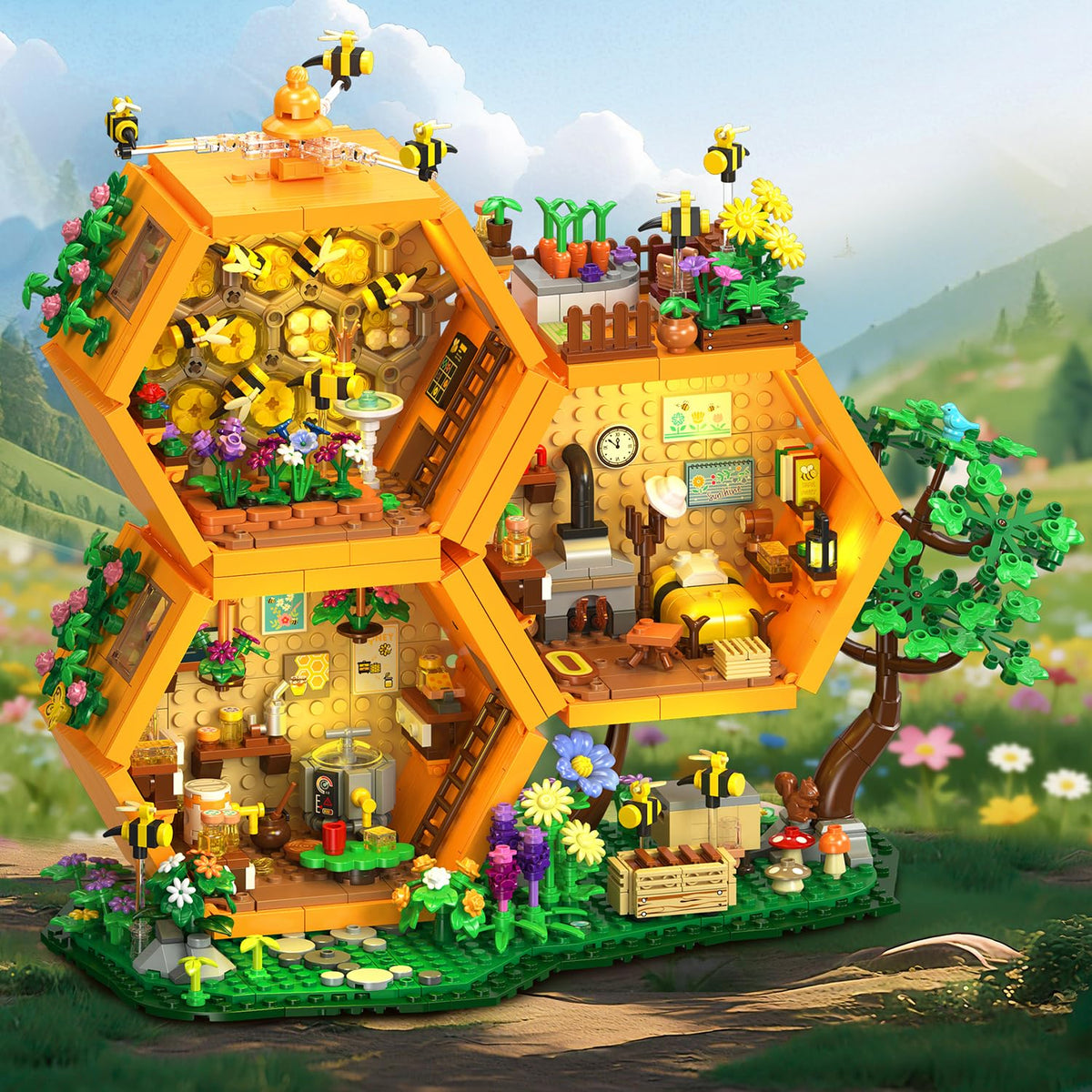 INSOON Bee Treehouse House Building Set with Lights for Adults, Farm Kit