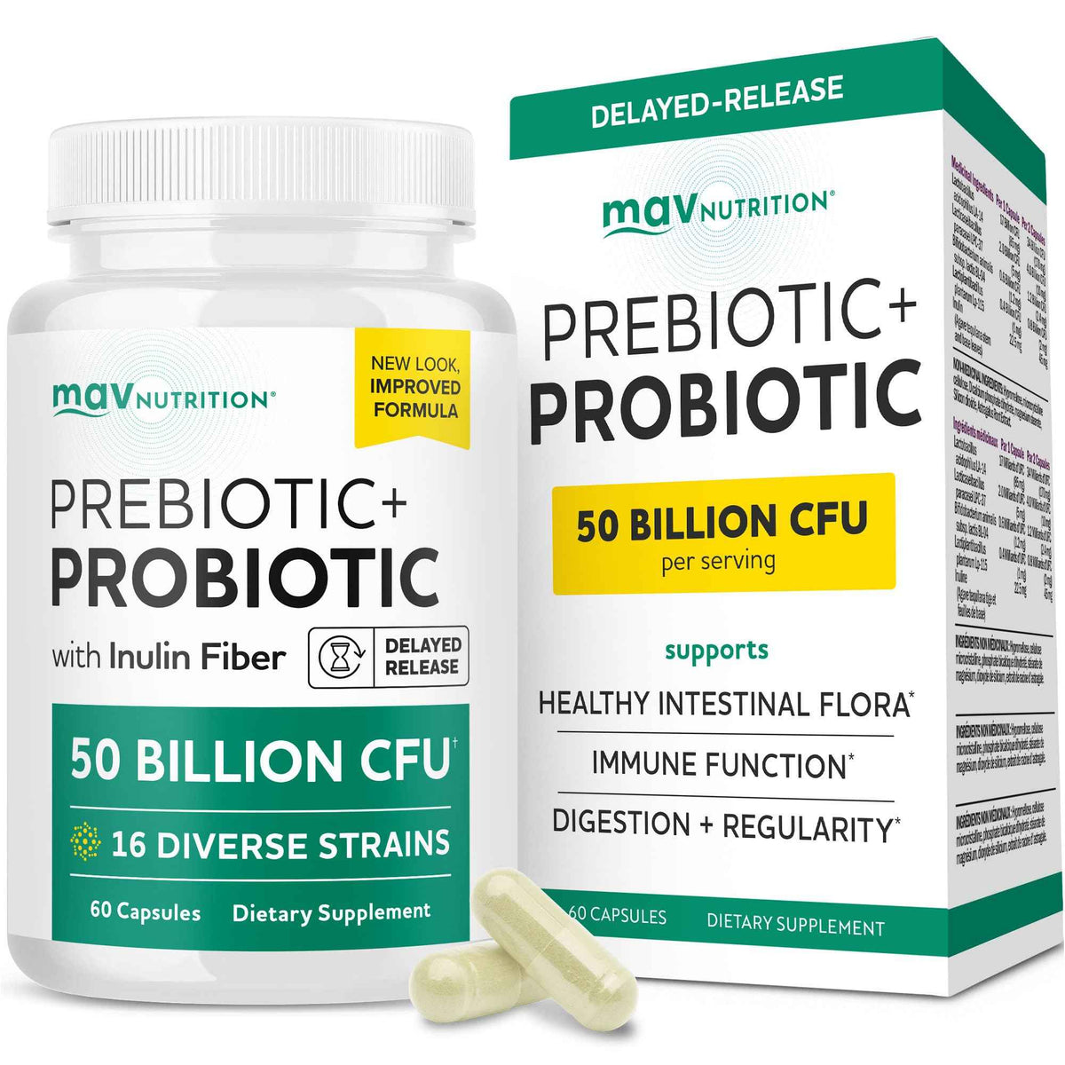 Prebiotics and Probiotics - 50 Billion CFU, 16 Probiotic Strains & Inulin Prebiotic Fiber - Delayed Release Capsules - Gut Health Support - Prebiotics and Probiotics for Women & Men - Non-GMO - 60 Ct