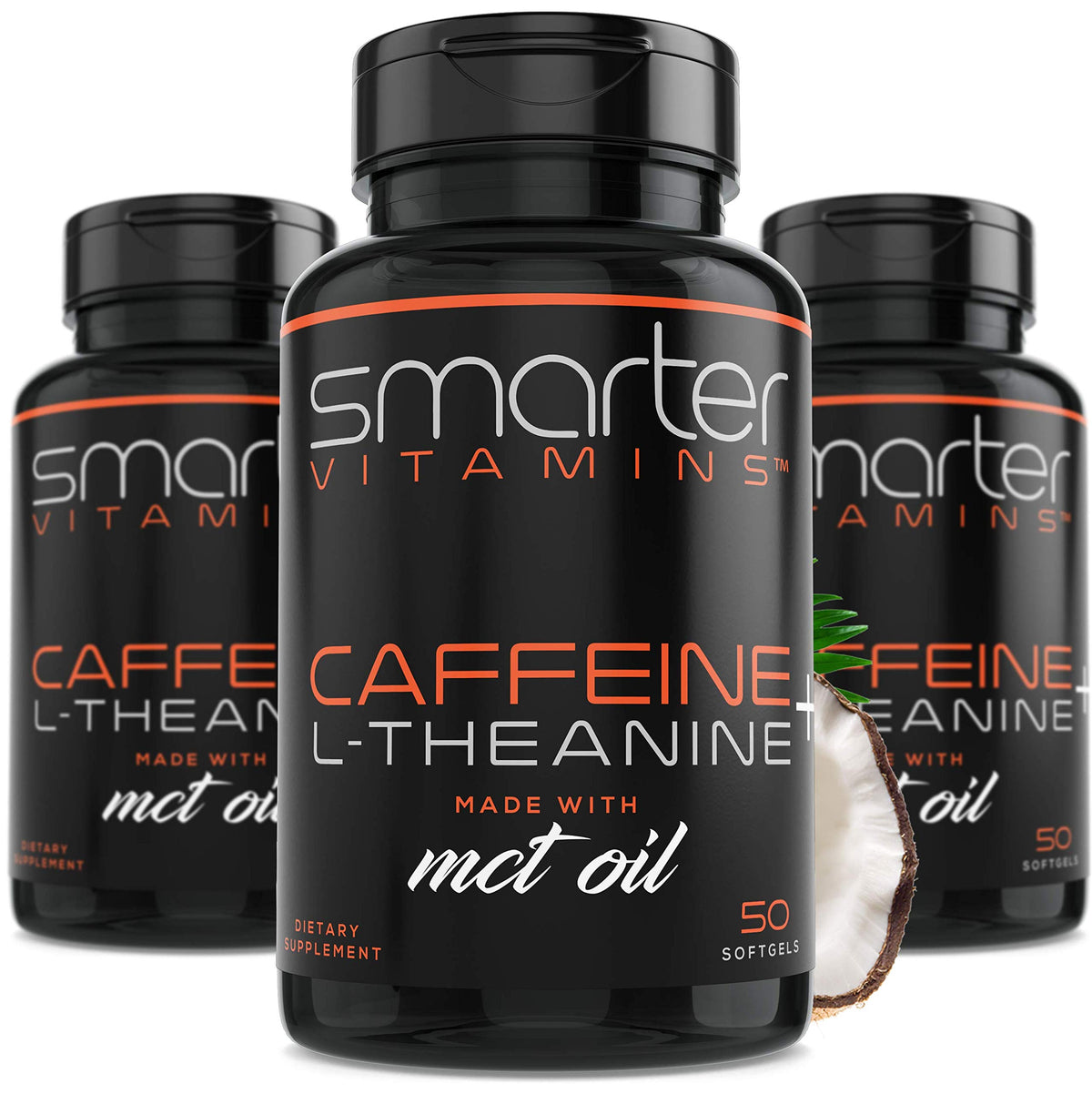 3-Pack Caffeine Pills 200mg with 100mg L-Theanine & MCT Oil, 150 Softgels