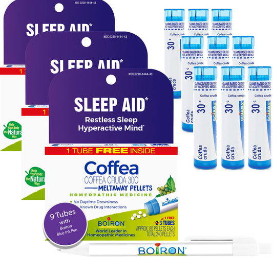 Boiron Coffea Cruda 30C - 9 Blue Tubes - Homeopathic Sleep Aid for Restless Sleep, Racing Thoughts, and Difficulty Sleeping with Blue Pen