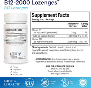 BIOTICS RESEARCH B12-2000 Vitamin B12 2000 mcg, B6, Folate–B12 Sublingual Lozenges, Methylation Support Supplement, High Potency, Highly Absorbable, Natural, Berry Flavor, Dissolves Easily–60 Count