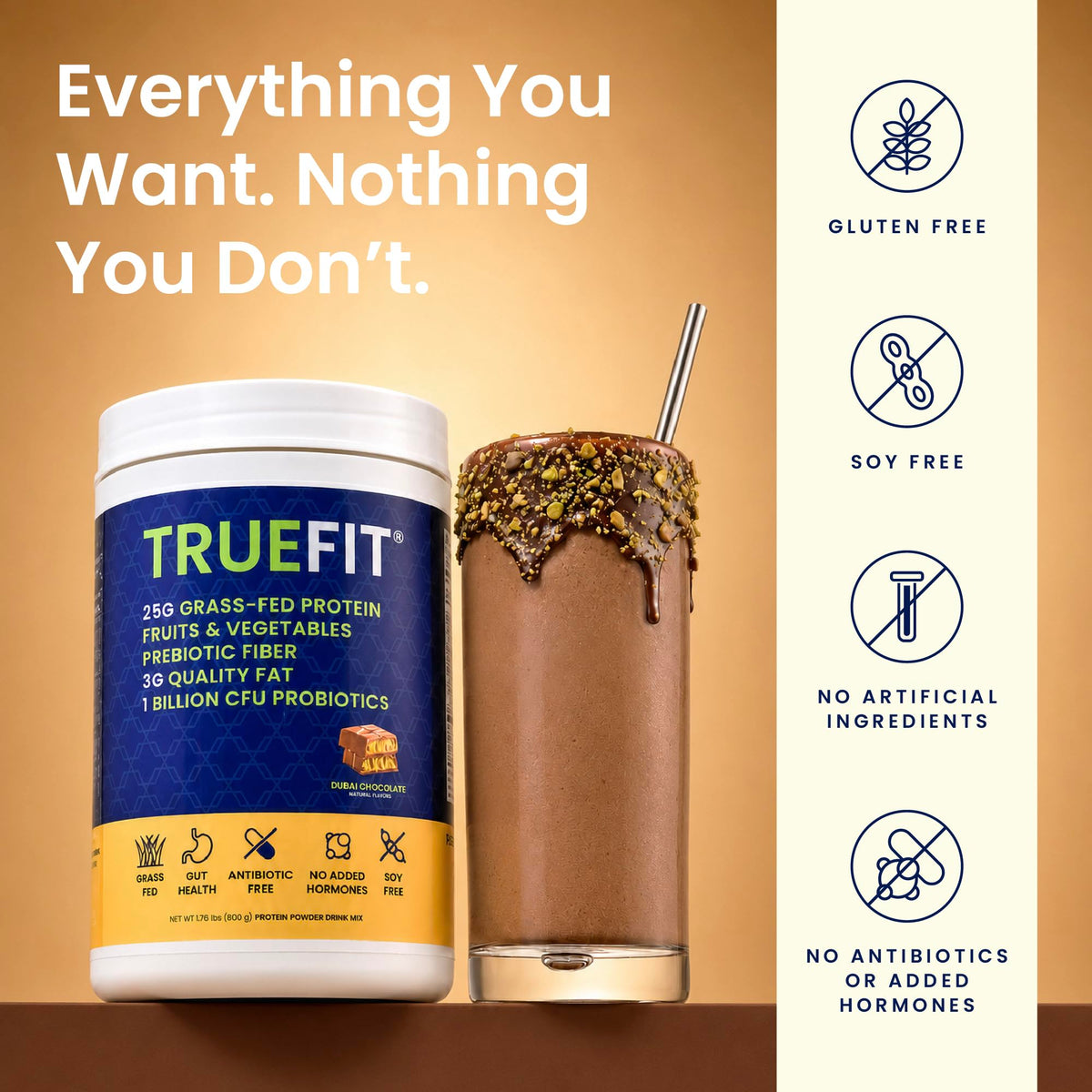 TrueFit Grass-Fed Whey Protein Powder + Fiber & Probiotics, Vanilla Shake - 25g Gut Healthy Protein with Fiber, Probiotics & Non-GMO Superfoods for Complete Meal Replacement Shake with Nothing Fake