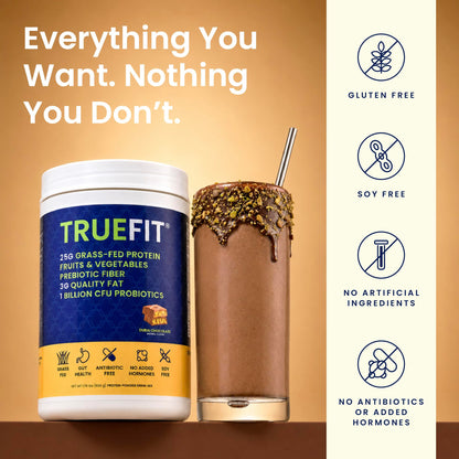 TrueFit Grass-Fed Whey Protein Powder + Fiber & Probiotics, Vanilla Shake - 25g Gut Healthy Protein with Fiber, Probiotics & Non-GMO Superfoods for Complete Meal Replacement Shake with Nothing Fake