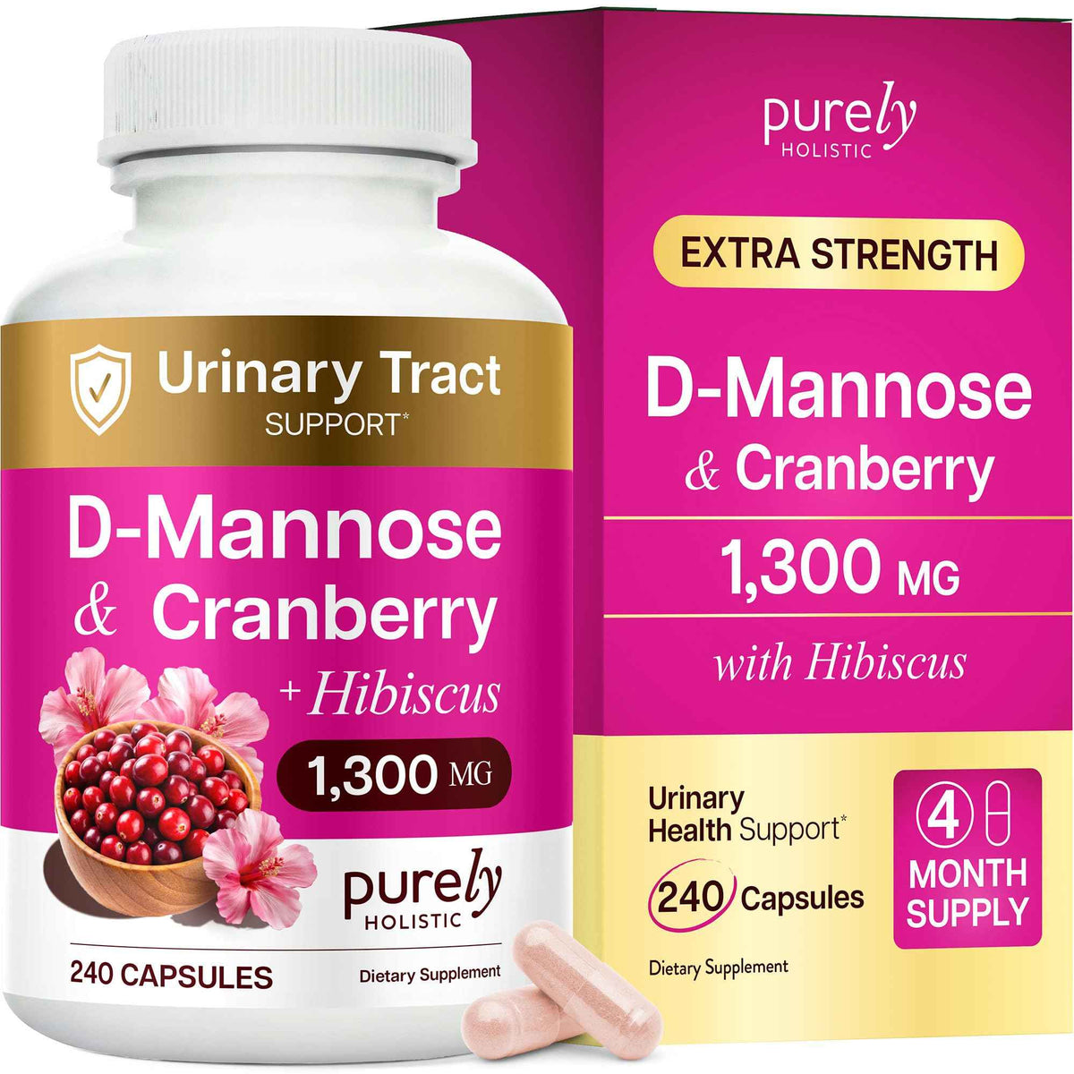 D Mannose with Cranberry | Drug-Free Urinary Tract Health Support | Evidence-Based DMannose 1300mg for Urinary & Bladder Health for Women | D Mannose Supplements for Women & Men | Non-GMO | 240 Ct