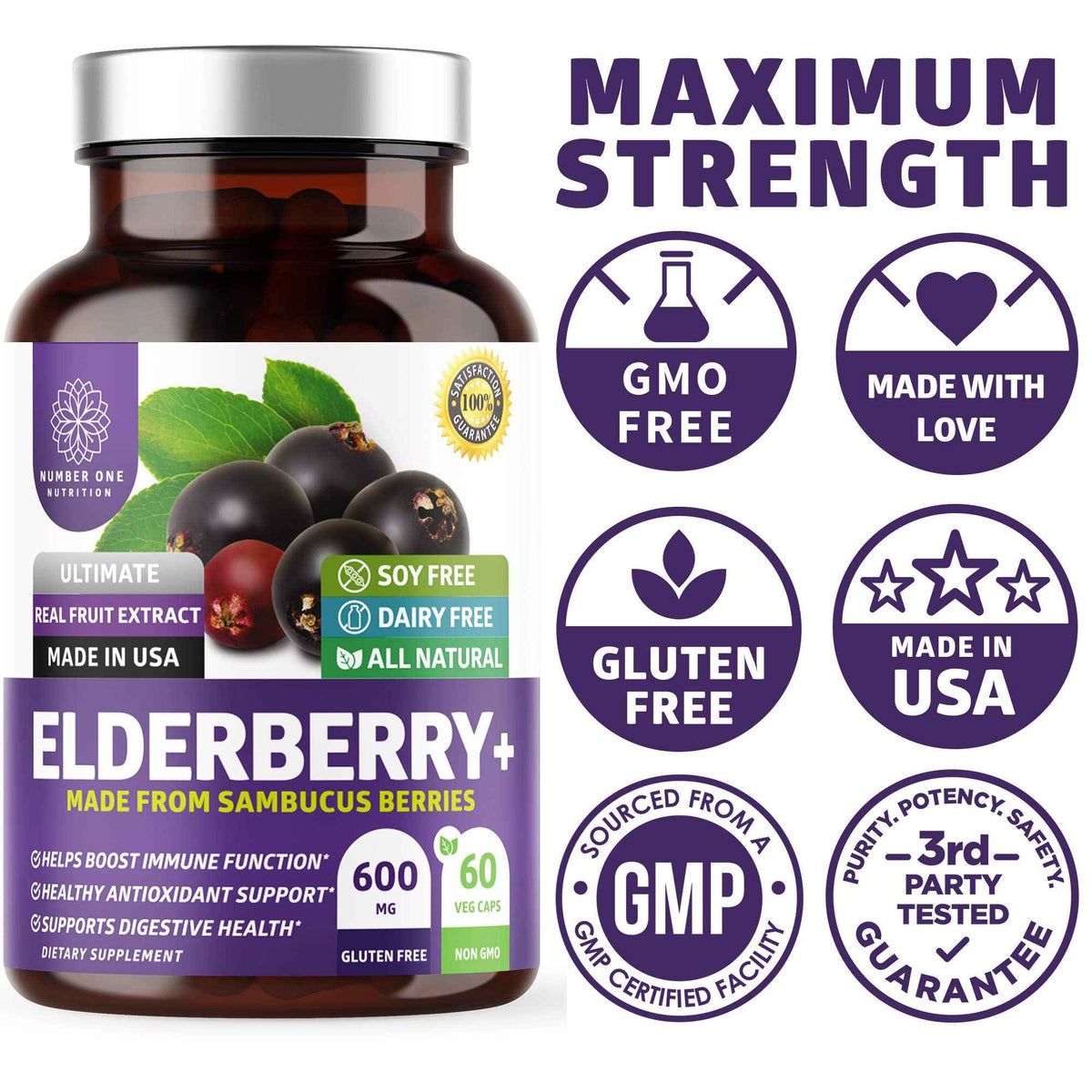 N1N Premium Black Elderberry Capsules for Adults [Max Strength] Pure and Potent Elderberry from Sambucus Nigra to Support Immunity & Skin Health, Non-GMO, Gluten Free, 60 Veg Caps