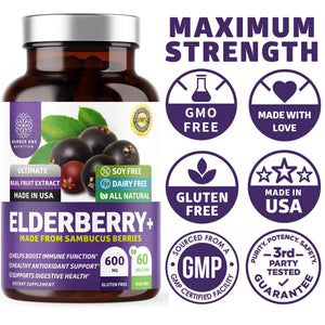 N1N Premium Black Elderberry Capsules for Adults [Max Strength] Pure and Potent Elderberry from Sambucus Nigra to Support Immunity & Skin Health, Non-GMO, Gluten Free, 60 Veg Caps