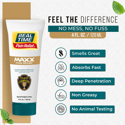 Real Time Pain Relief MAXX 4oz Tube | 18 Natural Ingredients: Arnica, Menthol & Peppermint | Maximum Strength Muscle Pain Relief Lotion for Arthritis, Hands, Ankles, Back, Shoulders, Knees & Joints