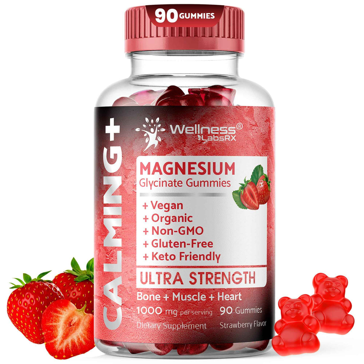 Magnesium Glycinate Gummies, 1000 mg - Magnesium Supplement to Support Relaxation, Heart Health - Chewable Calm Magnesio Gummies for Adults, Glicinato De Magnesio - Strawberry Flavor