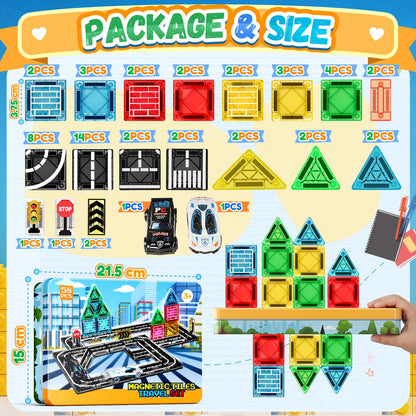 Magnetic Tiles - Road Set, City Race Track Travel Building Blocks with 2 Cars & Metal Box, Mini Magnet Tiles Outdoor Construction Toys for Boys, STEM Sensory Gifts for Toddlers 3-5 4-8 Years Old