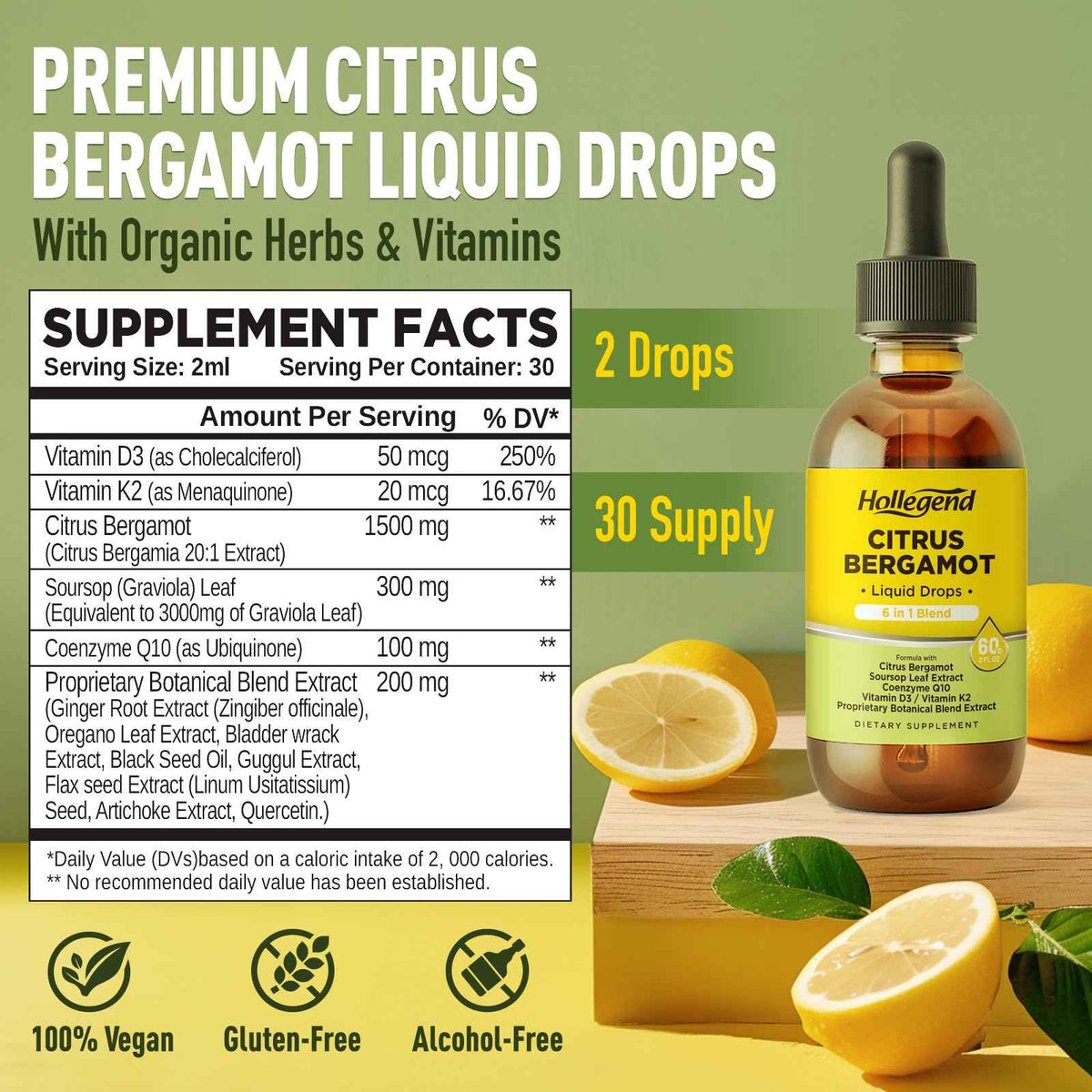 HOLLEGEND Citrus Bergamot Liquid Drops, Organic Citrus Bergamot 1000mg Supplement, Plus Soursop, CoQ10, Vitamin D3, K2
