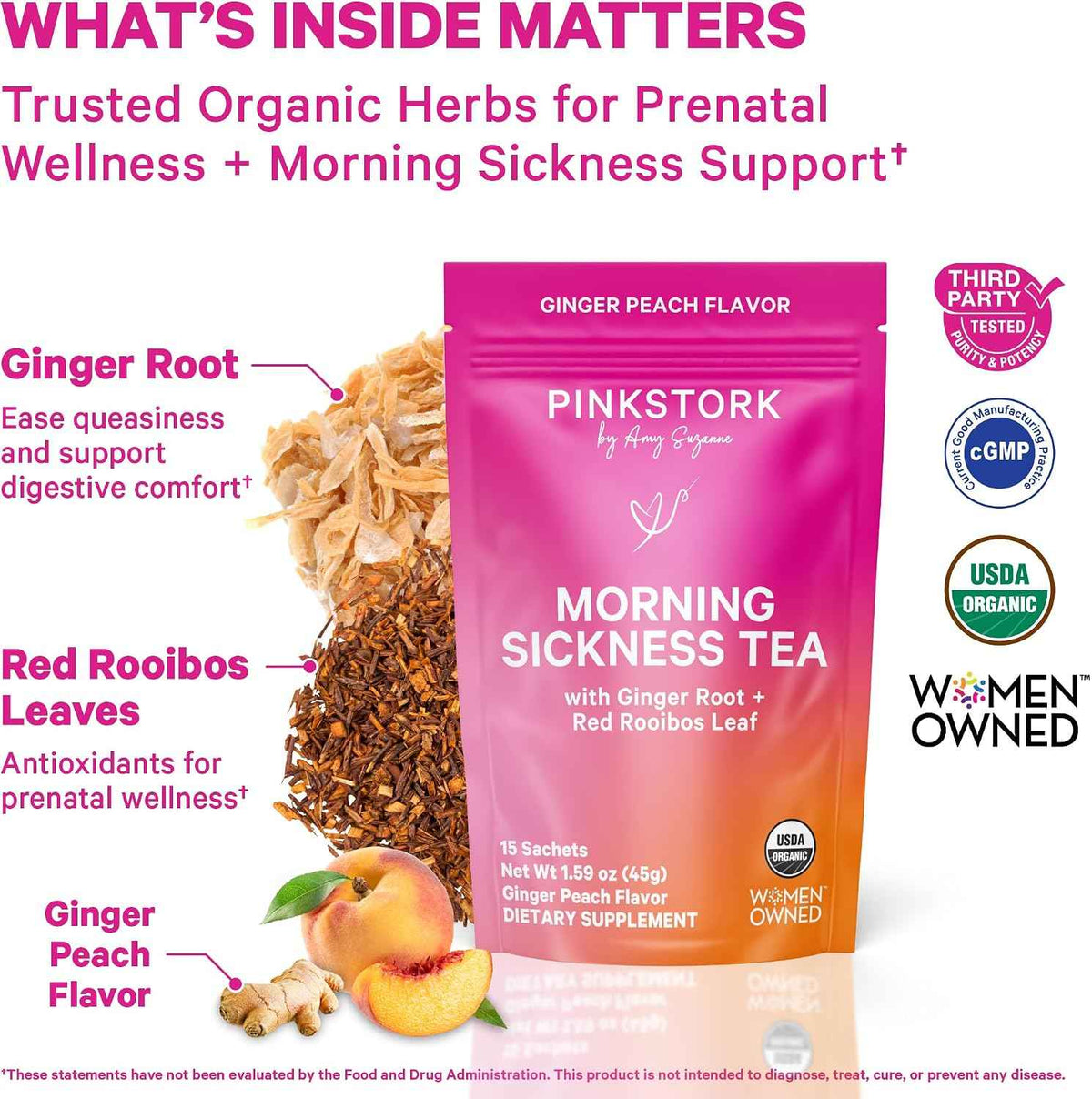 Pink Stork Morning Sickness Support Kit - 3-Piece Bundle with Organic Ginger Peach Tea, B6 Sweets, Ginger Lozenges - Pregnancy Support, First Trimester Essentials, Gift for Pregnant Women