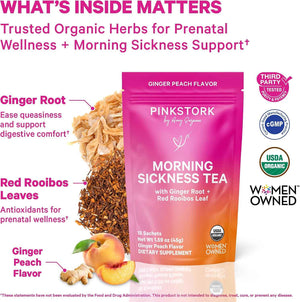 Pink Stork Morning Sickness Support Kit - 3-Piece Bundle with Organic Ginger Peach Tea, B6 Sweets, Ginger Lozenges - Pregnancy Support, First Trimester Essentials, Gift for Pregnant Women