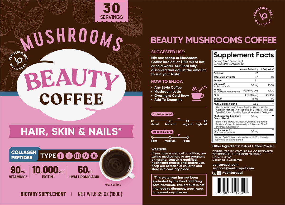 Venture Pal Mushroom Coffee, 12 Mushrooms, Focus & Digestion, 40 Servings - 12 Adaptogenic Mushrooms with Lion's Mane, Cordyceps, Reishi, Turkey Tail, Ashwagandha & Probiotics, Low Caffeine & Calories