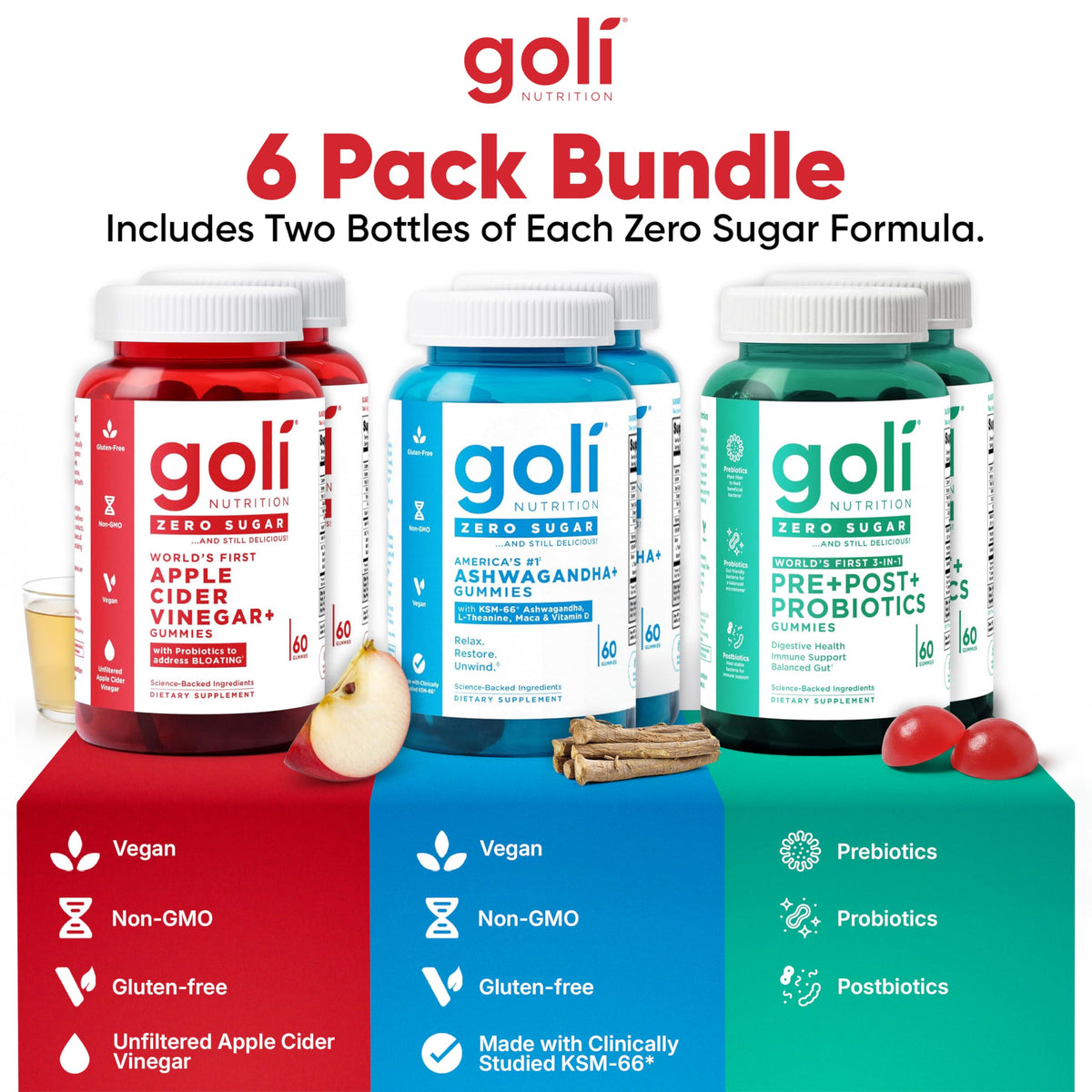 Goli Zero Sugar 6 Pack Bundle - World's First 3-in-1 Pre, Post, Probiotic, Apple Cider Vinegar with Vitamin B12 and Probiotics to Address Bloating, Ashwagandha & L-Theanine, Vitamin D Gummies