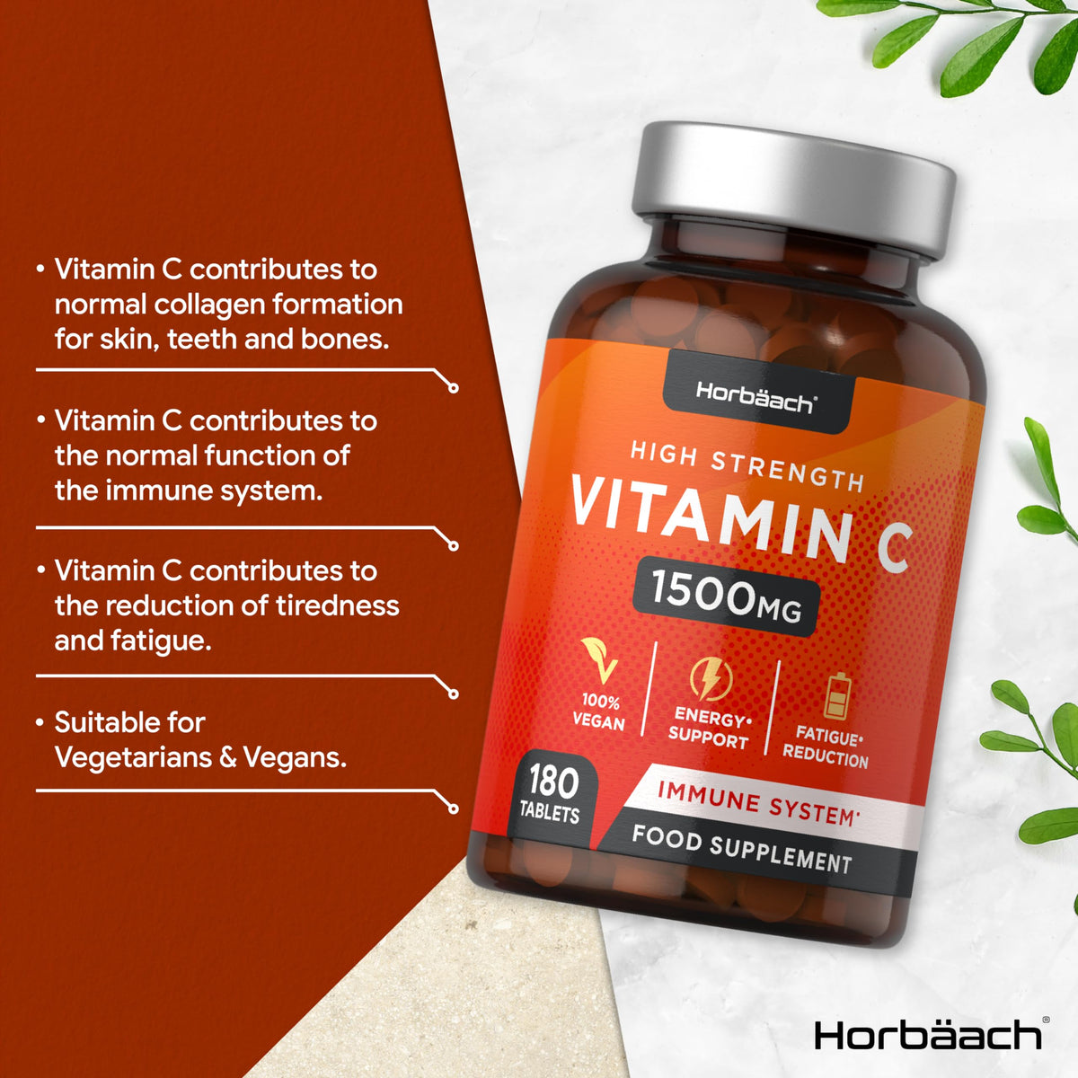 Vitamin C Tablets 1500mg | 180 Count | High Strength Vegan Supplement | No Artificial
