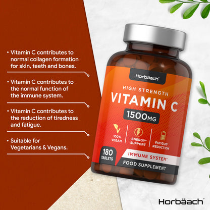 Vitamin C Tablets 1500mg | 180 Count | High Strength Vegan Supplement | No Artificial