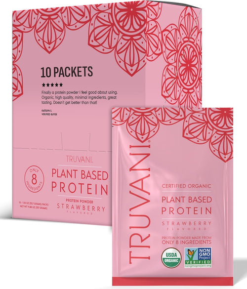 Truvani Organic Plant Based Protein Powder - Strawberry - 10 Servings - Vegan - 20g Pea Protein - Single Serving Travel Packets - Keto - Gluten & Dairy Free - Low Carb