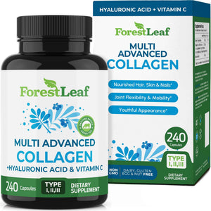 ForestLeaf Multi Collagen Pills with Hyaluronic Acid + Vitamin C - Hydrolyzed Collagen Supplements for Women or Men - Multi Collagen Capsules Peptides for Skin, Wrinkles, 120 Caps