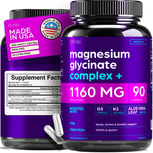Magnesium Glycinate 1160mg + Aloe Vera, D3 & K2 Complex 90 Capsules - High Absorption, Non-Laxative - Supports, Muscle Function & Healthy Metabolism Chelated Formula ThinbiBuy Supplements Australia