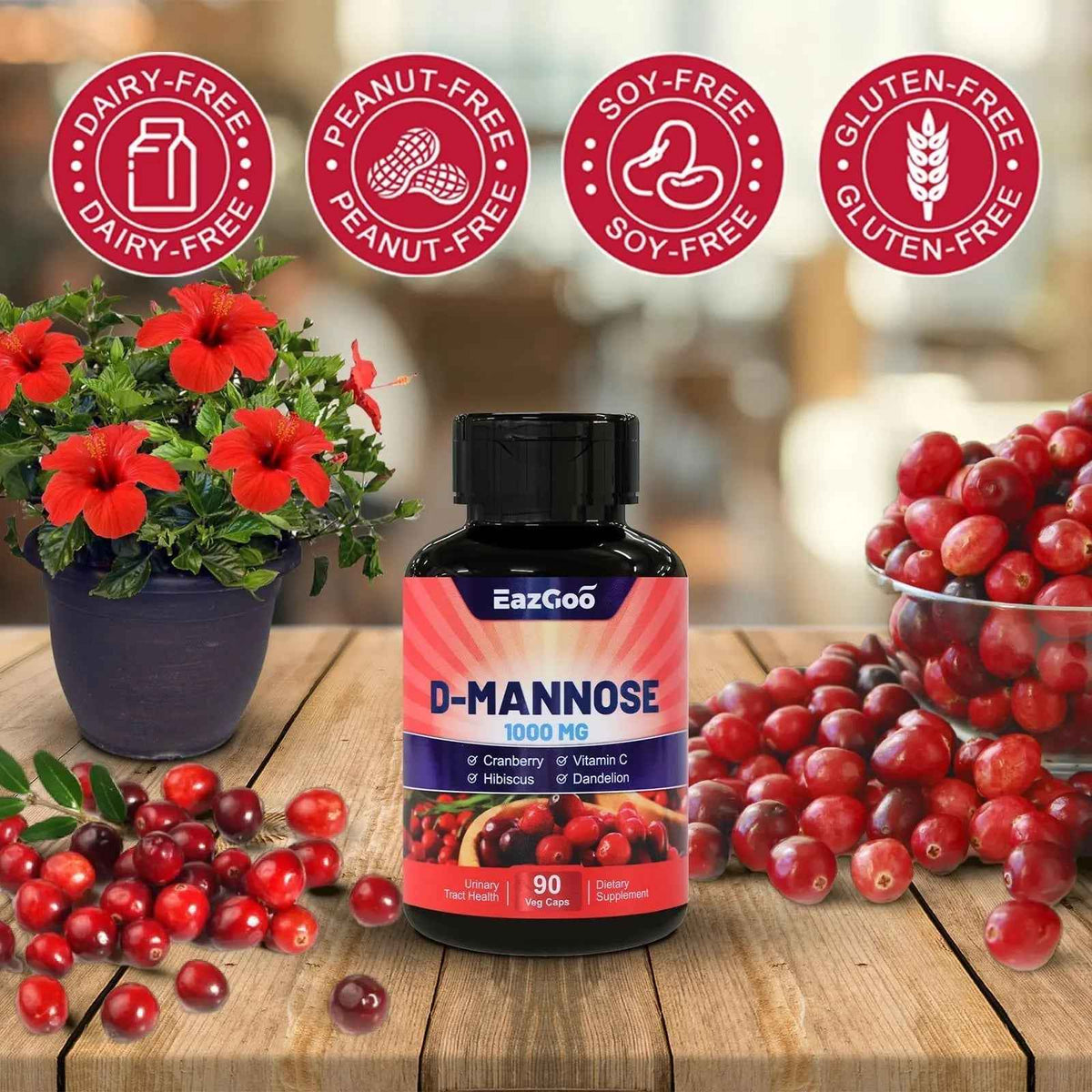 EAZGOO D-Mannose Supplement - 1000mg Capsules with Cranberry, Vitamin C, Hibiscus & Dandelion Extract, Support Urinary Health, D Mannose & Cranberry Capsules, 90 Count(Pack of 2)
